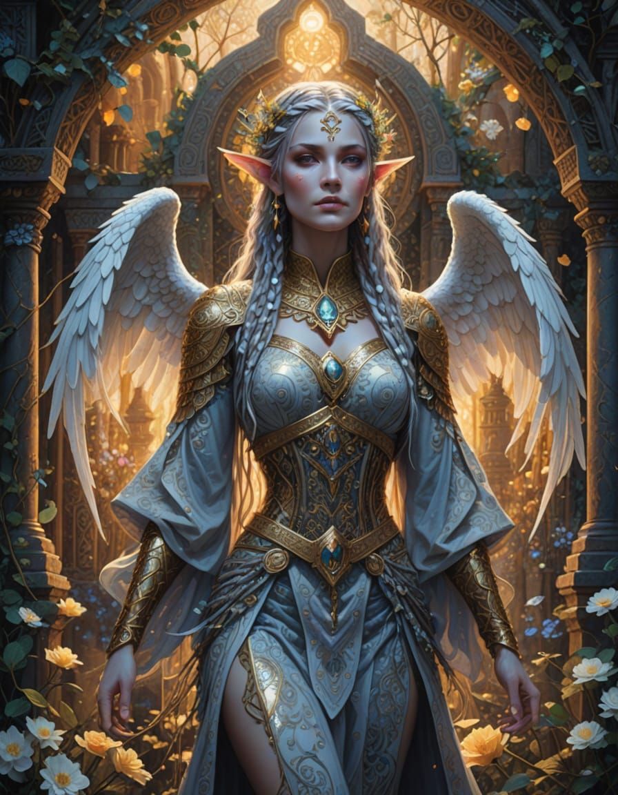 Golden Pointillism: Fantasy Angel in Ancient Temple