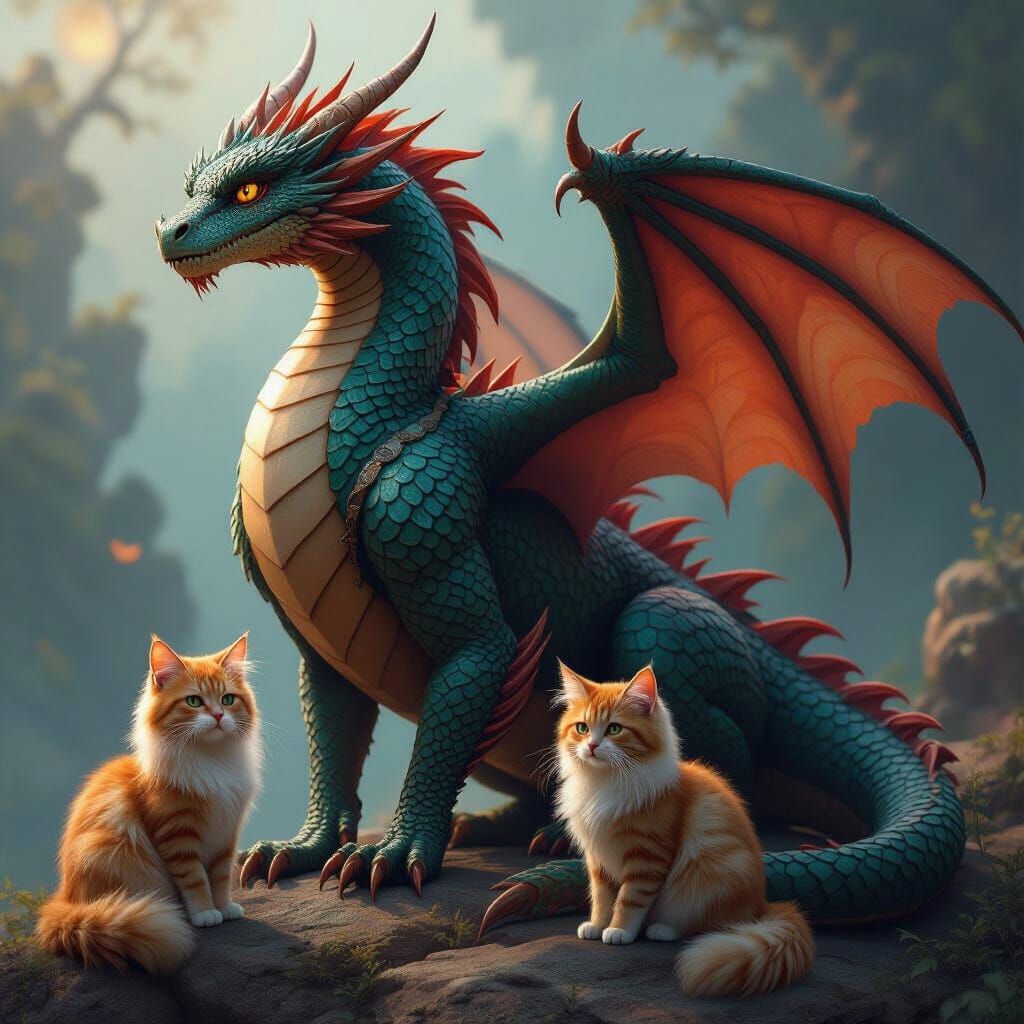 Majestic Dragon and Two Cats in Fantastical Matte Painting