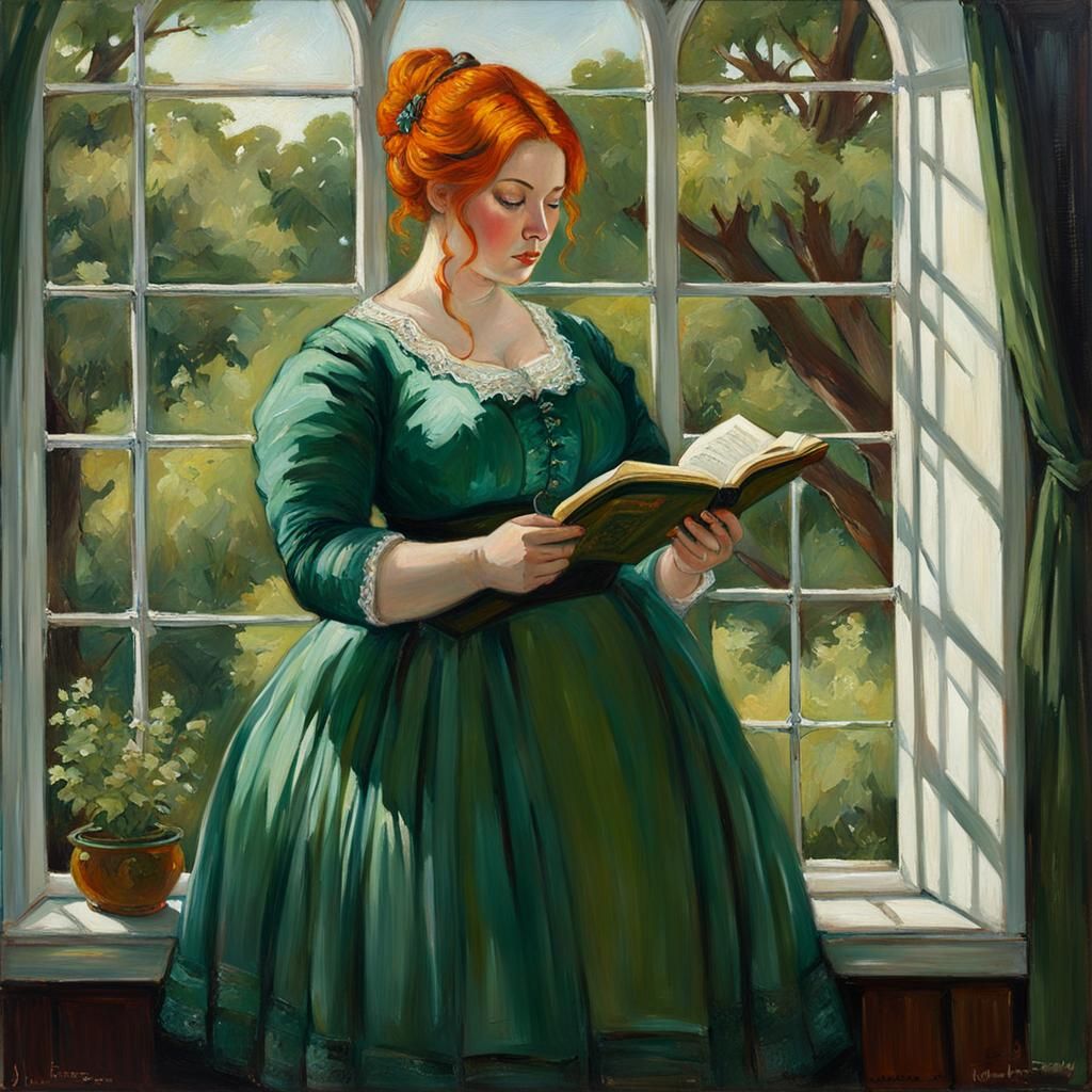 Girl with Orange Hair Reading: Oil Painting