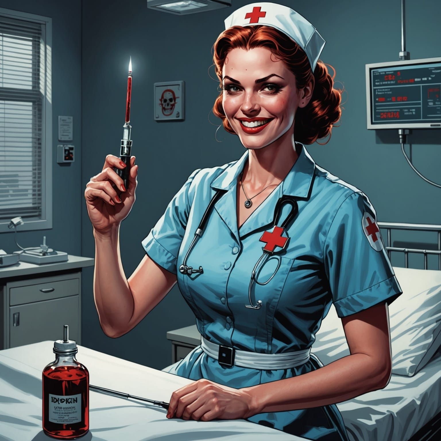 Horror Nurse with Syringe: Comic Book Art