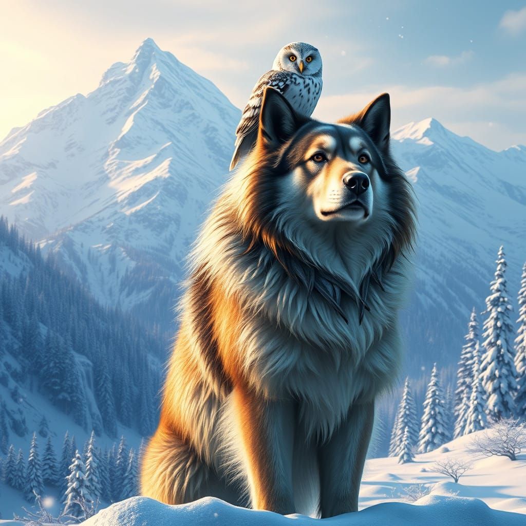 Majestic Snowy Mountain Scene with Owl and Dog