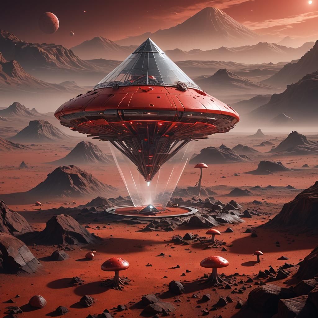 Martian Dreamscape: Luminous Mushroom UFO in Glass Pyramid