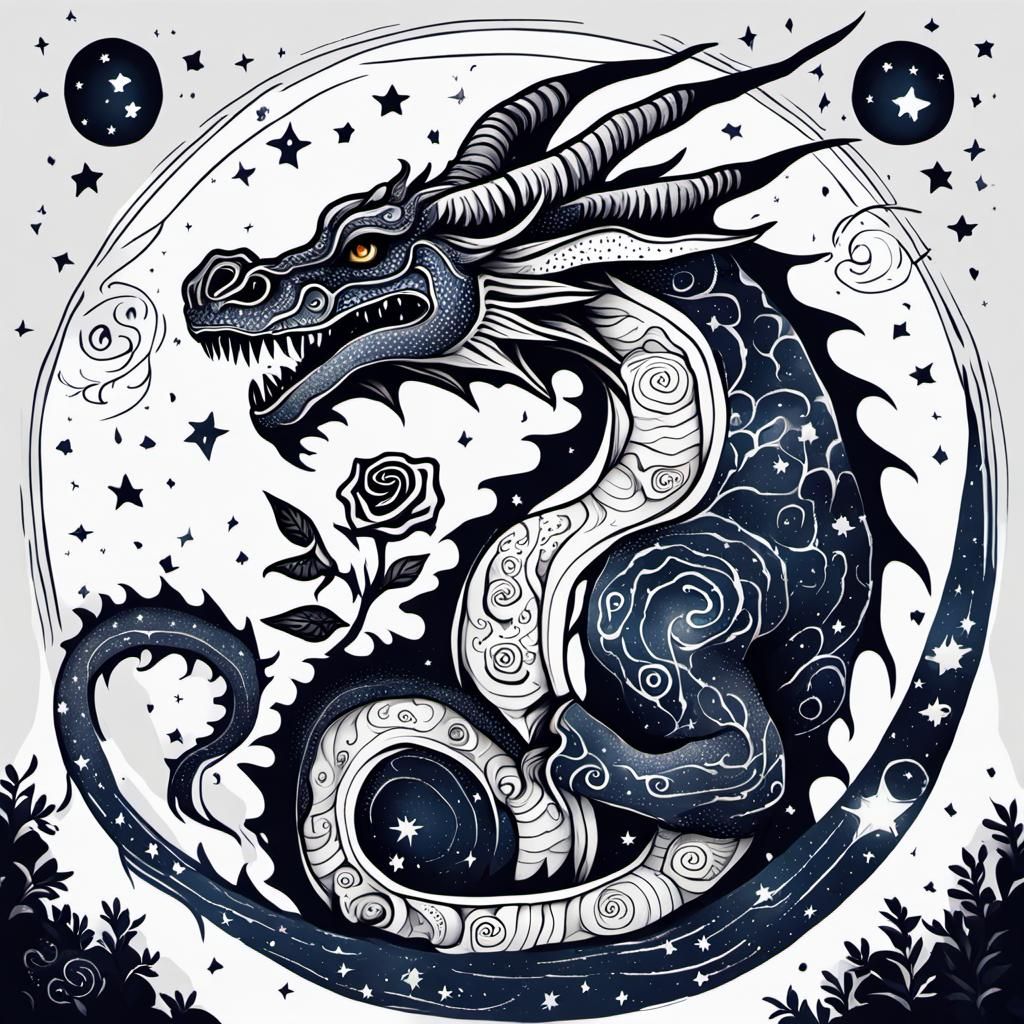 Dragon and Rose Under Starry Sky: Comic Book Art