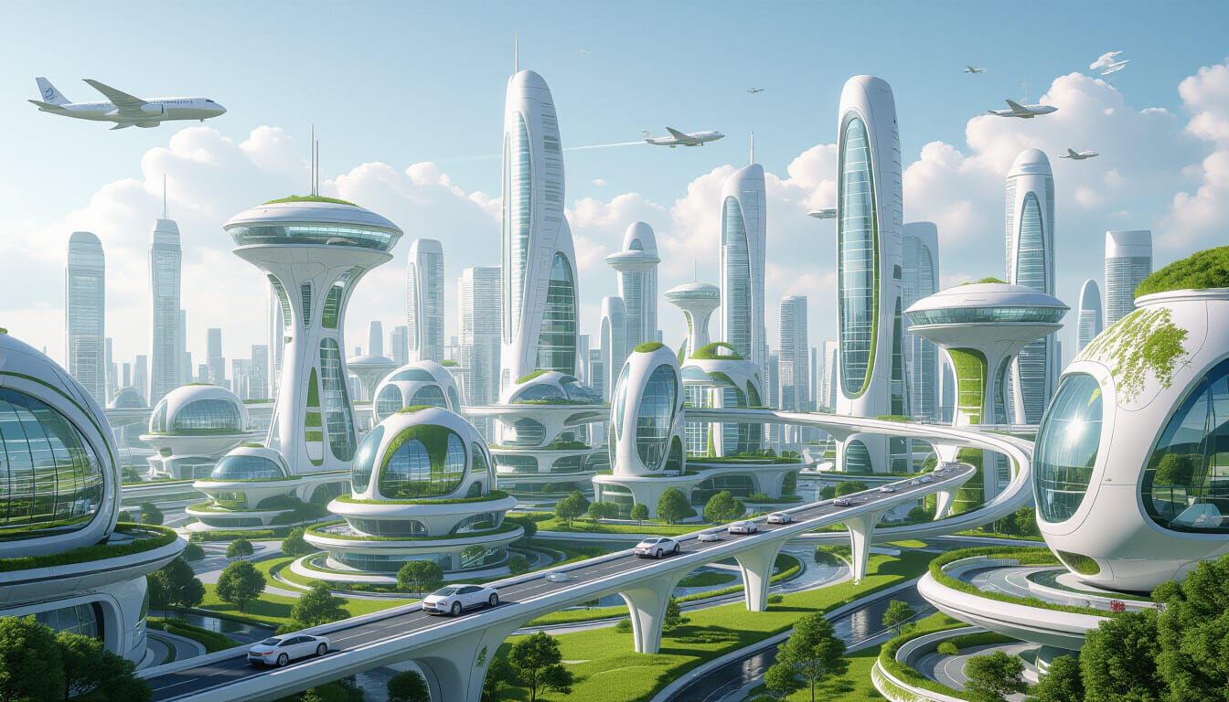 Utopian Future Without AI in Frutiger Aero Style