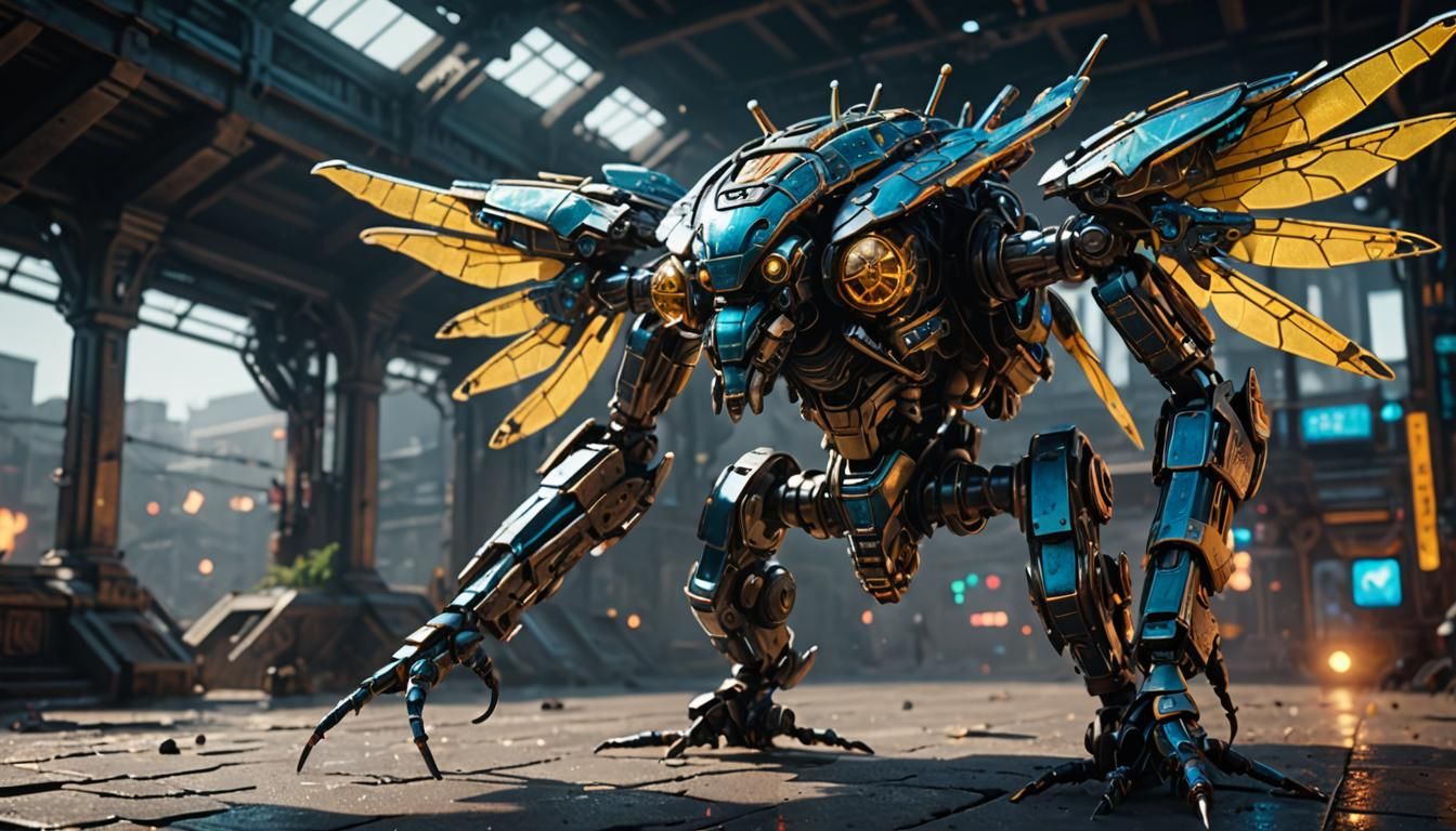 Cyberpunk Gladiator Dragonfly Mech in Roman Arena