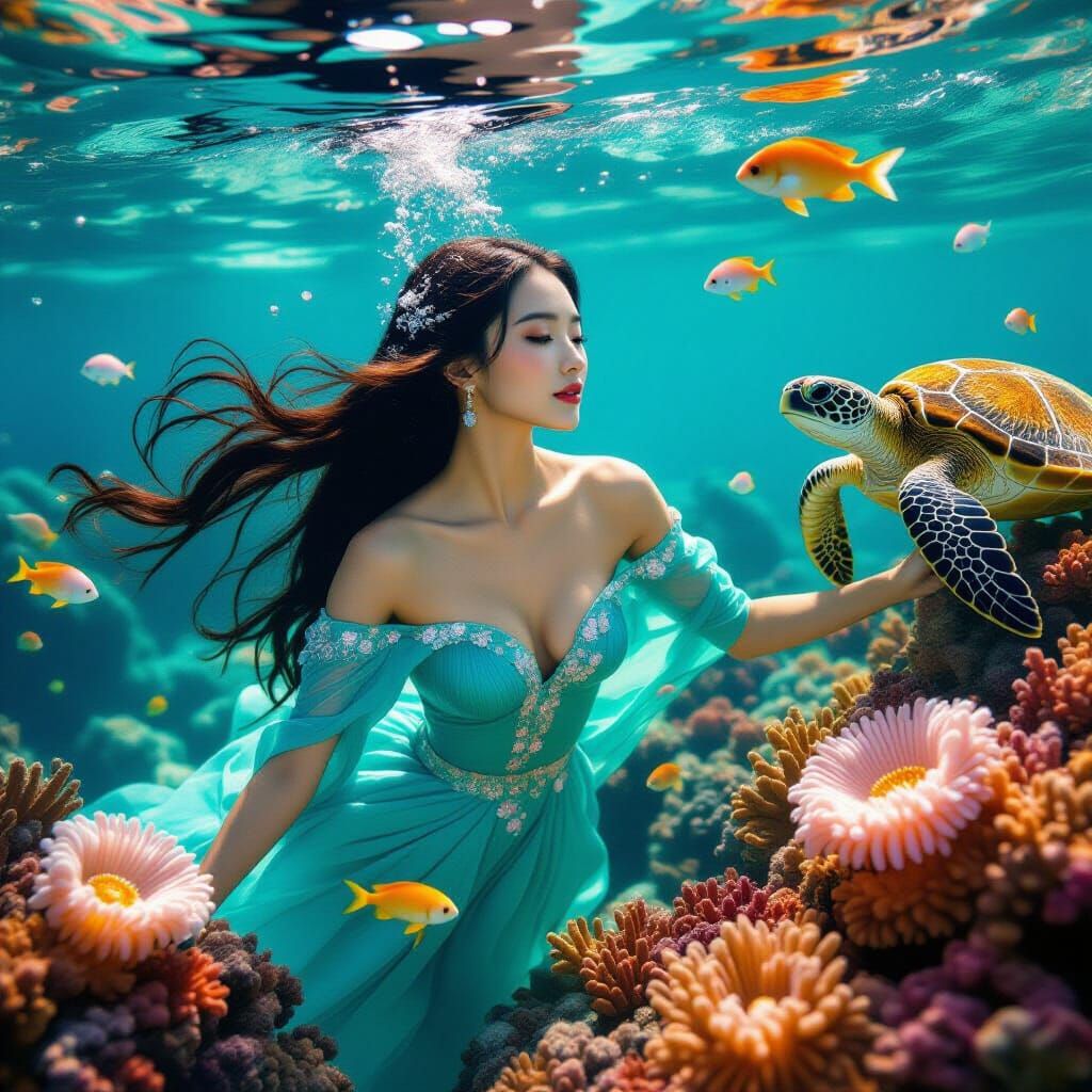 Serene Woman Swimming in Coral Reef: Cinematic Film Still