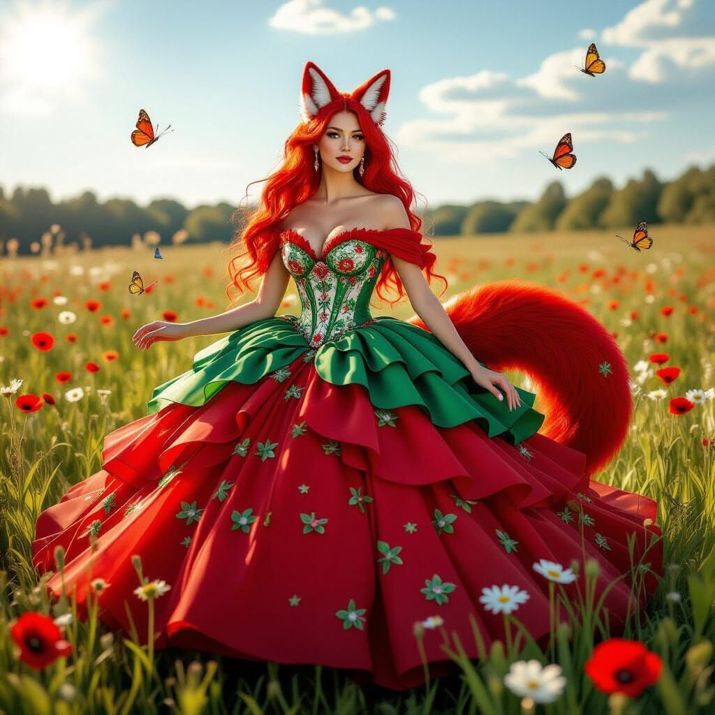 Fox Eared Woman Poses Majestically in Floral Gown