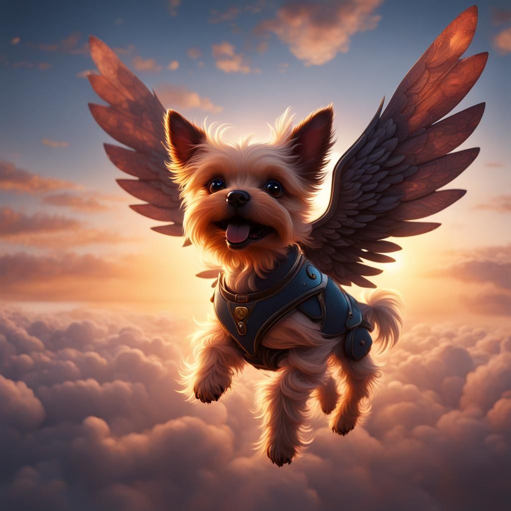 Dog with Wings Soaring at Sunset: Fantasy Art