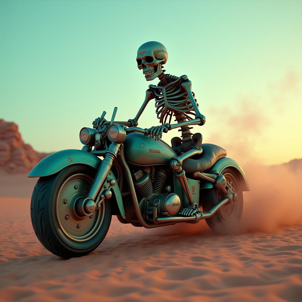 Retro-Futuristic Skeleton Tryke in Mystical Desert