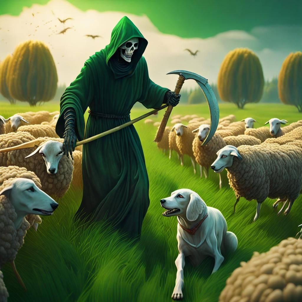 Grim Reaper Harvest with Bone Dog, Fantasy Art
