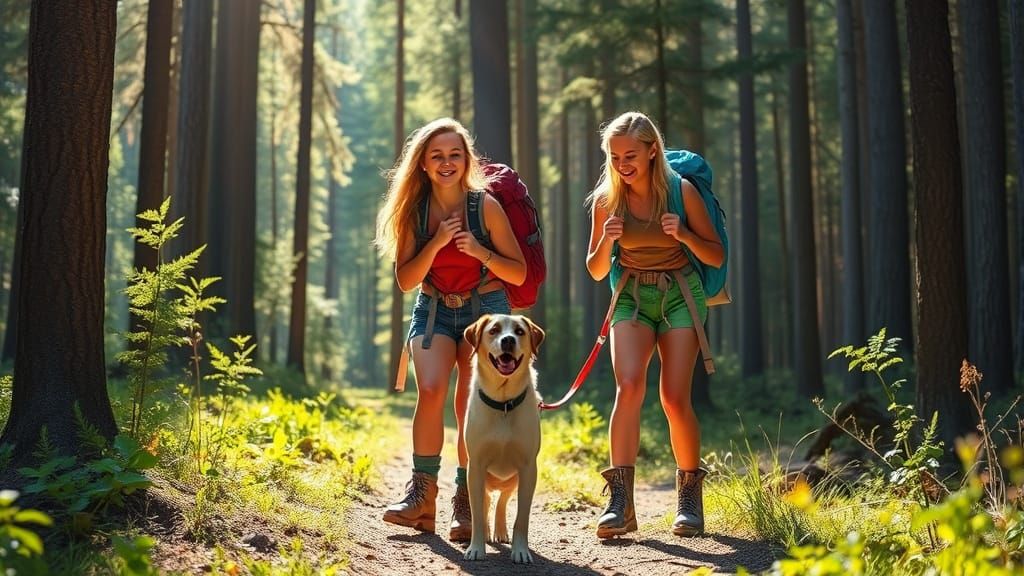 Girls Backpacking in Sunny Woods with Dog