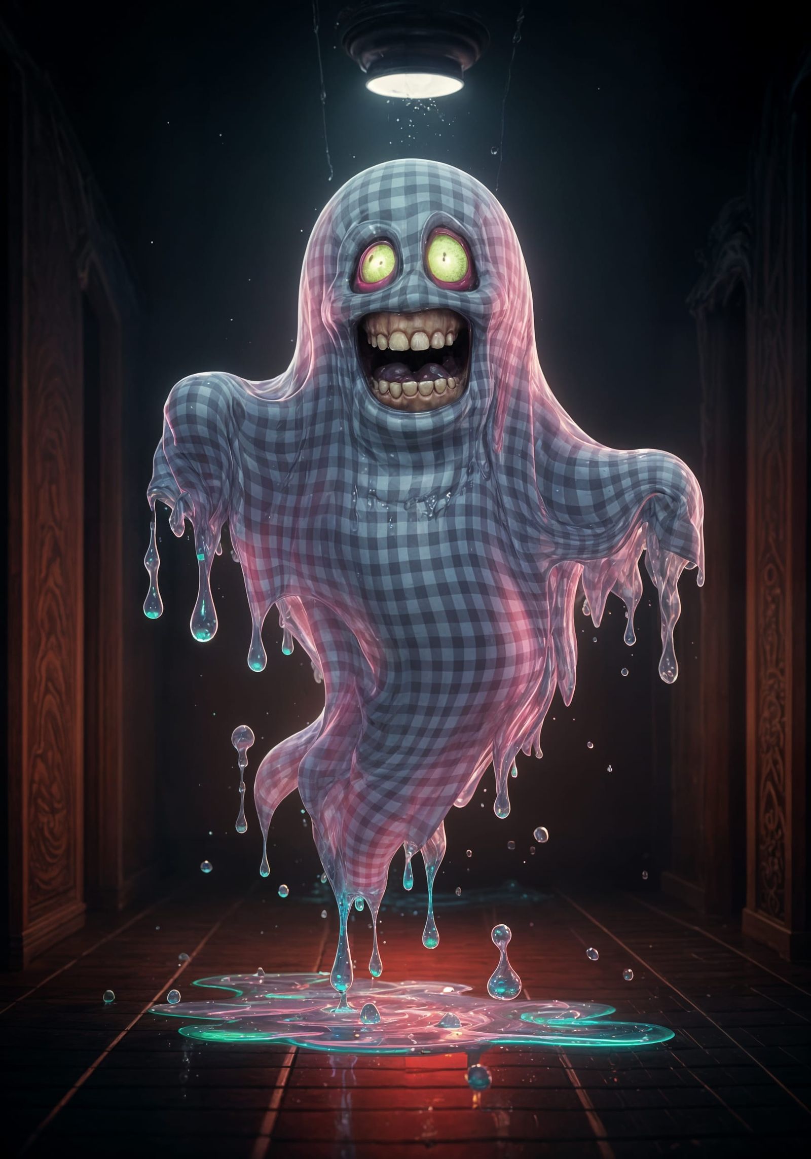 Swirling Gingham Ghost in Cinematic Animation Style