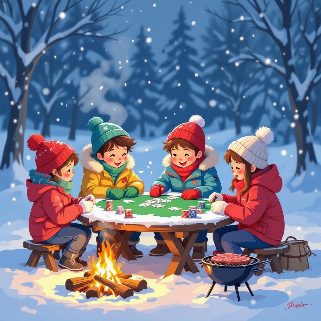Children Play Poker in Snowy Comic Scene with Campfire