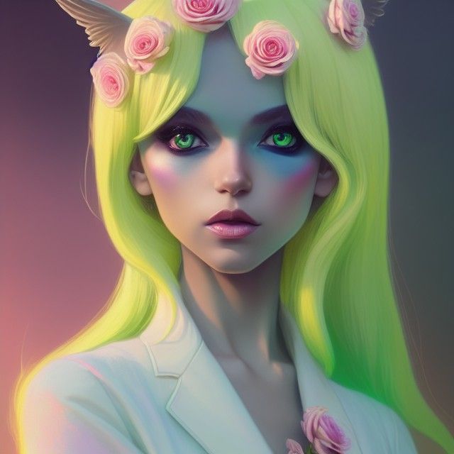 Winged Cat Elf in Floral Pastel Illustration