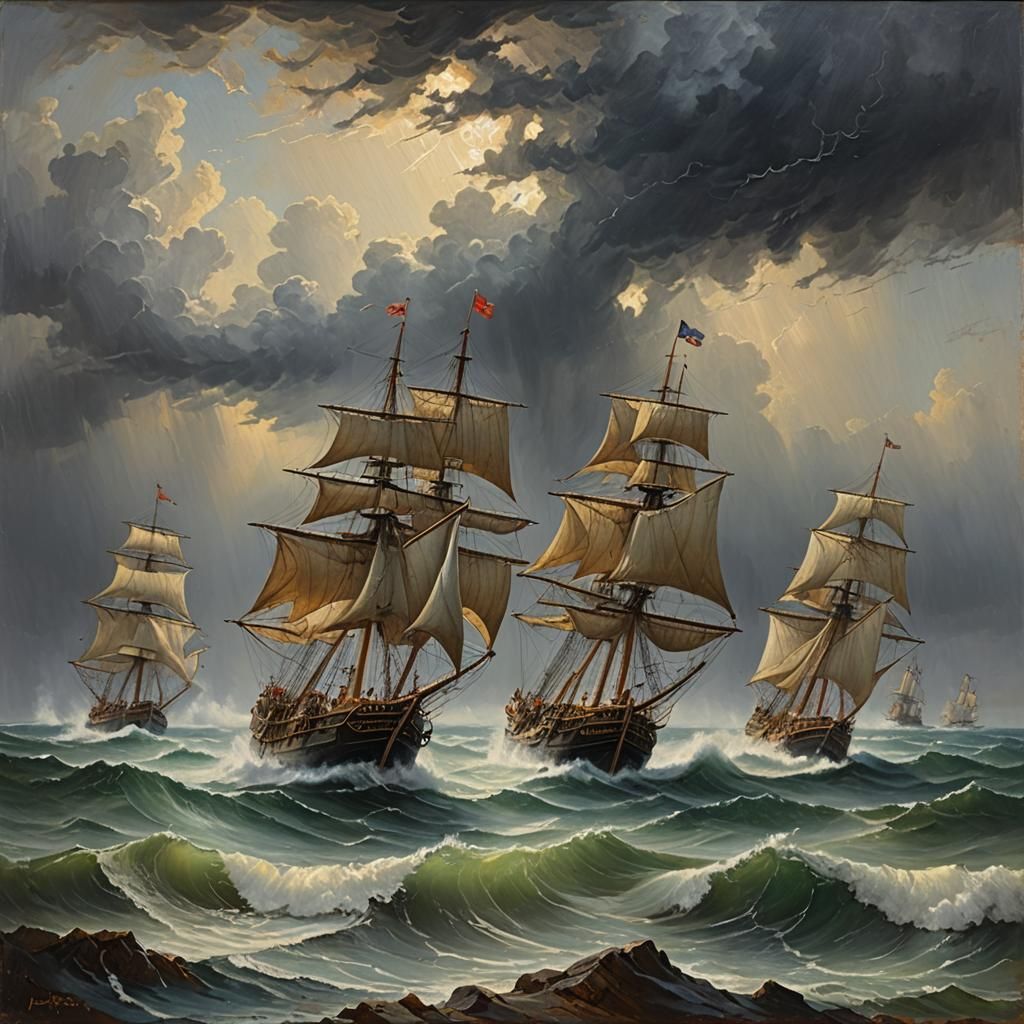 Medieval Sailing Ships in Stormy Seas: Oil Painting