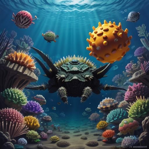Underwater Labyrinth: Tarantula, Ankylosaurus, and Rainbow