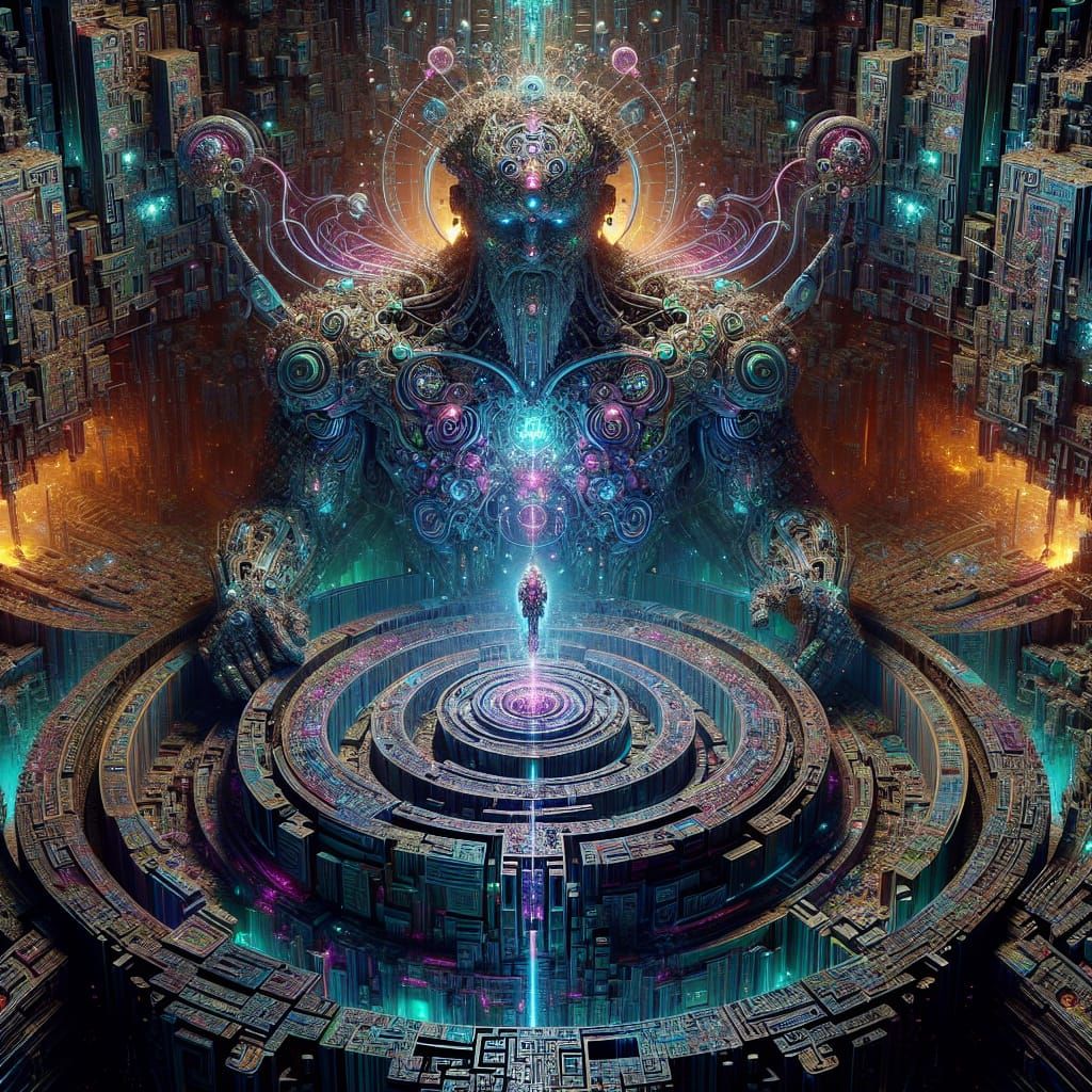 Mechanical Deity Holding Neon Geometric Labyrinth