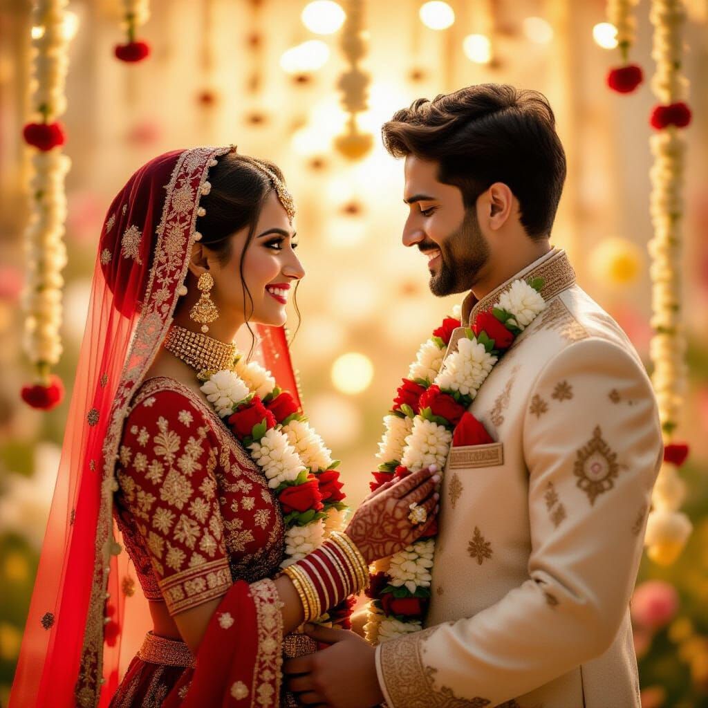 Bride in Crimson Lehenga with Groom, Cinematic Rendering