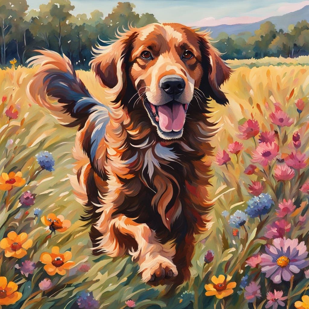 Dog Chasing Pheasant in Wildflower Field, Gouache Painting