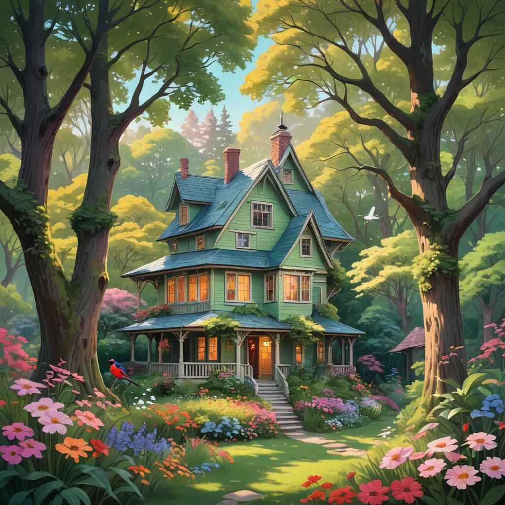 Forest House: A Detailed Matte Painting with Art Nouveau