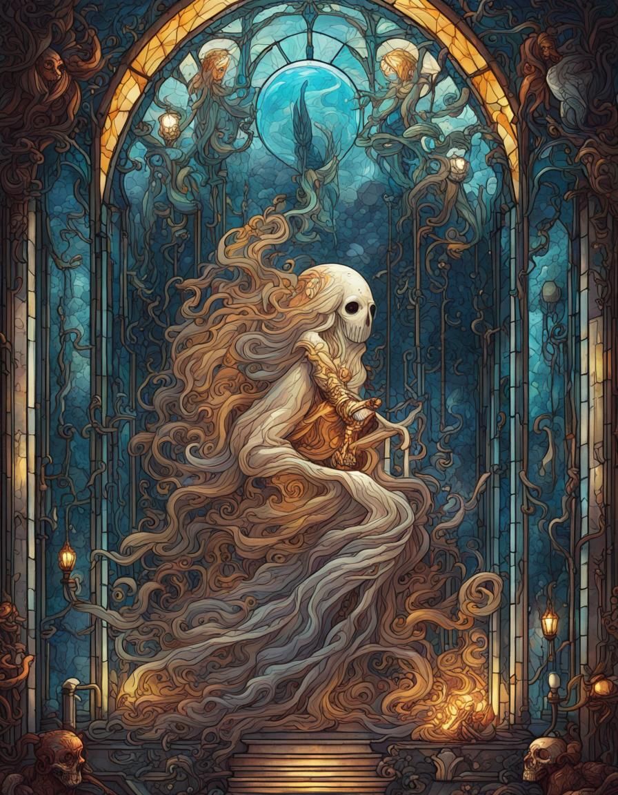 Stained Glass Ghost Tarot Card in Hyperdetailed Style