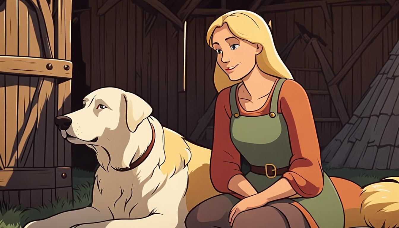 Blonde Woman and Farm Dog: 2D Cartoon Friendship