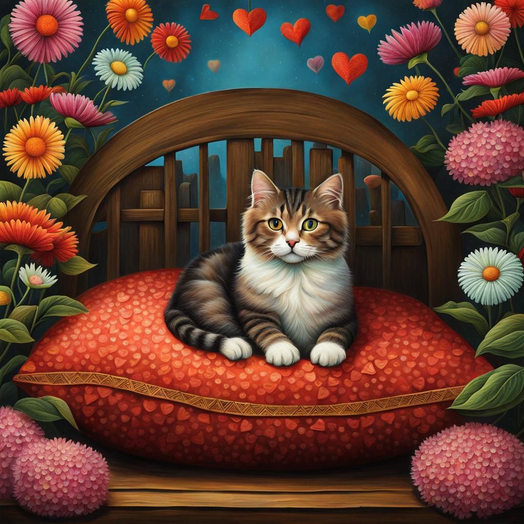 Cute Cat Surrounded by Flowers in Surrealist Style
