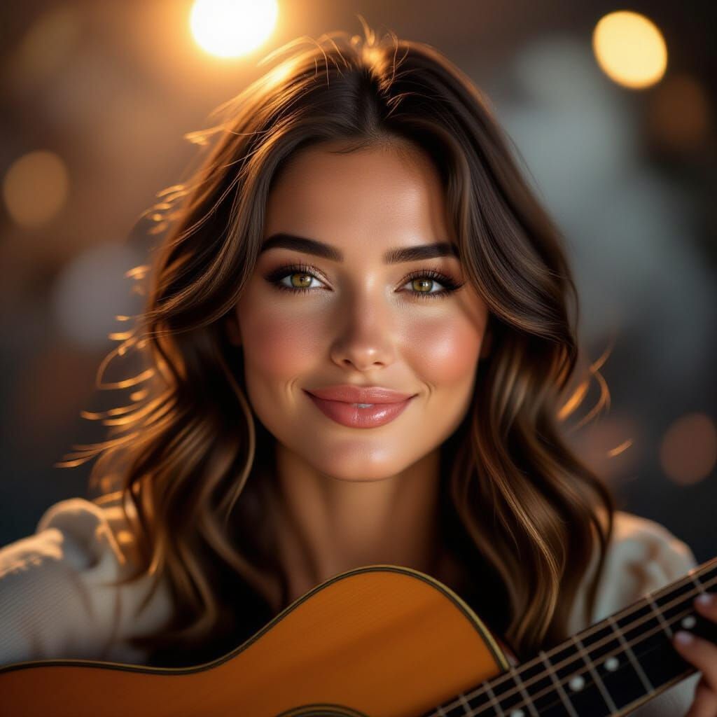 Woman's Face Glowing Under Spotlight Next to Guitar