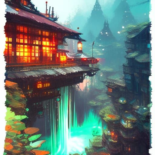 Neon Waterfalls Over Steampunk Mountain Village