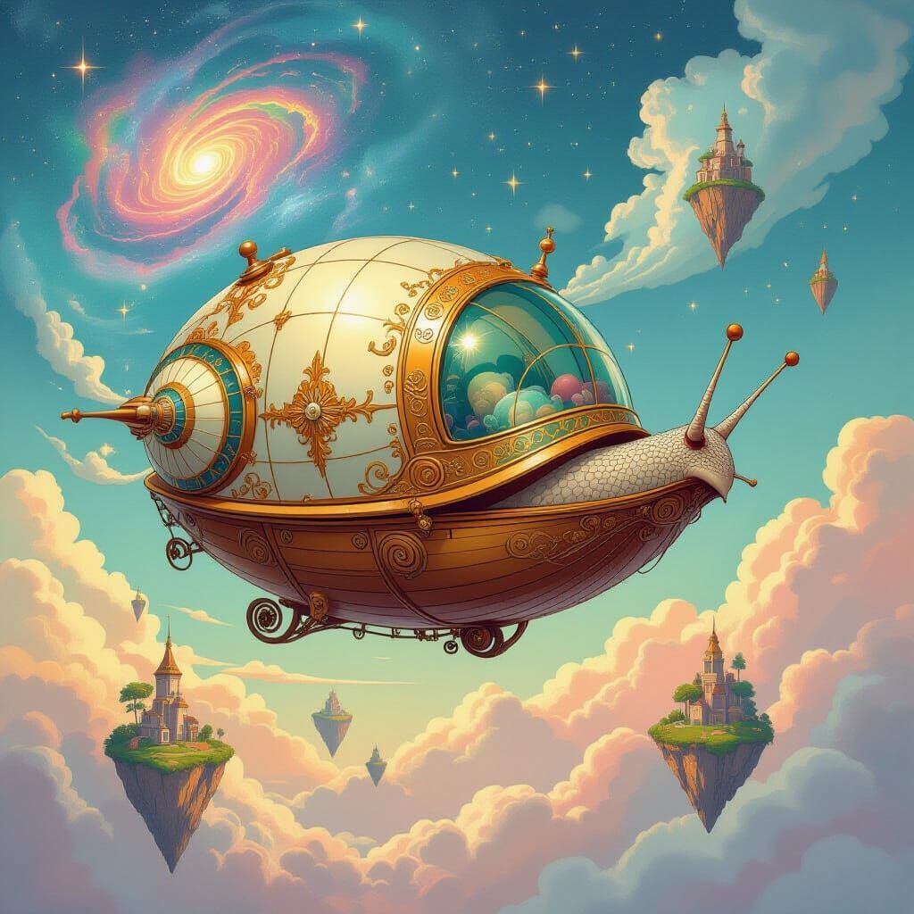 Snail Airship in Dreamlike Sky with Nebulae