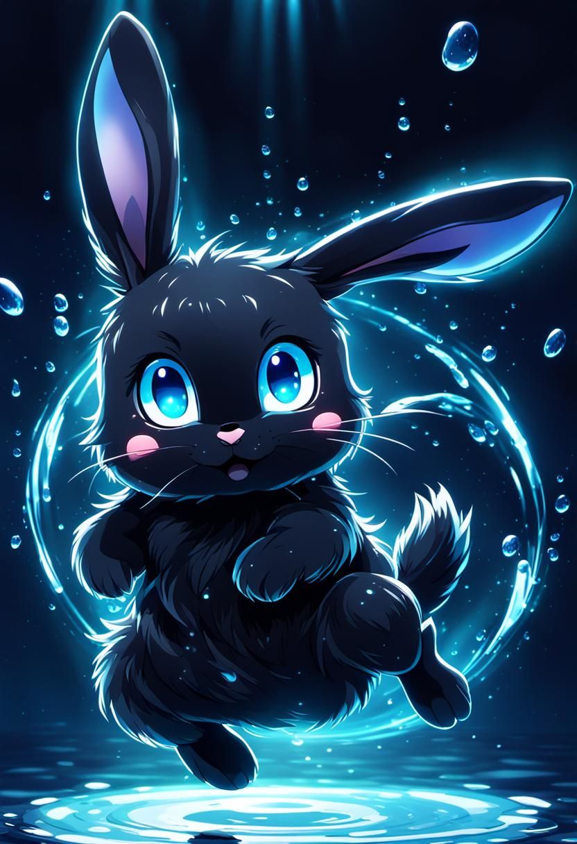 Cute Magical Rabbit in Circle of Blue Water