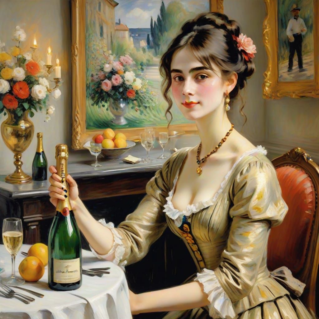 Impressionist Masterpiece: Elegant Woman with Champagne