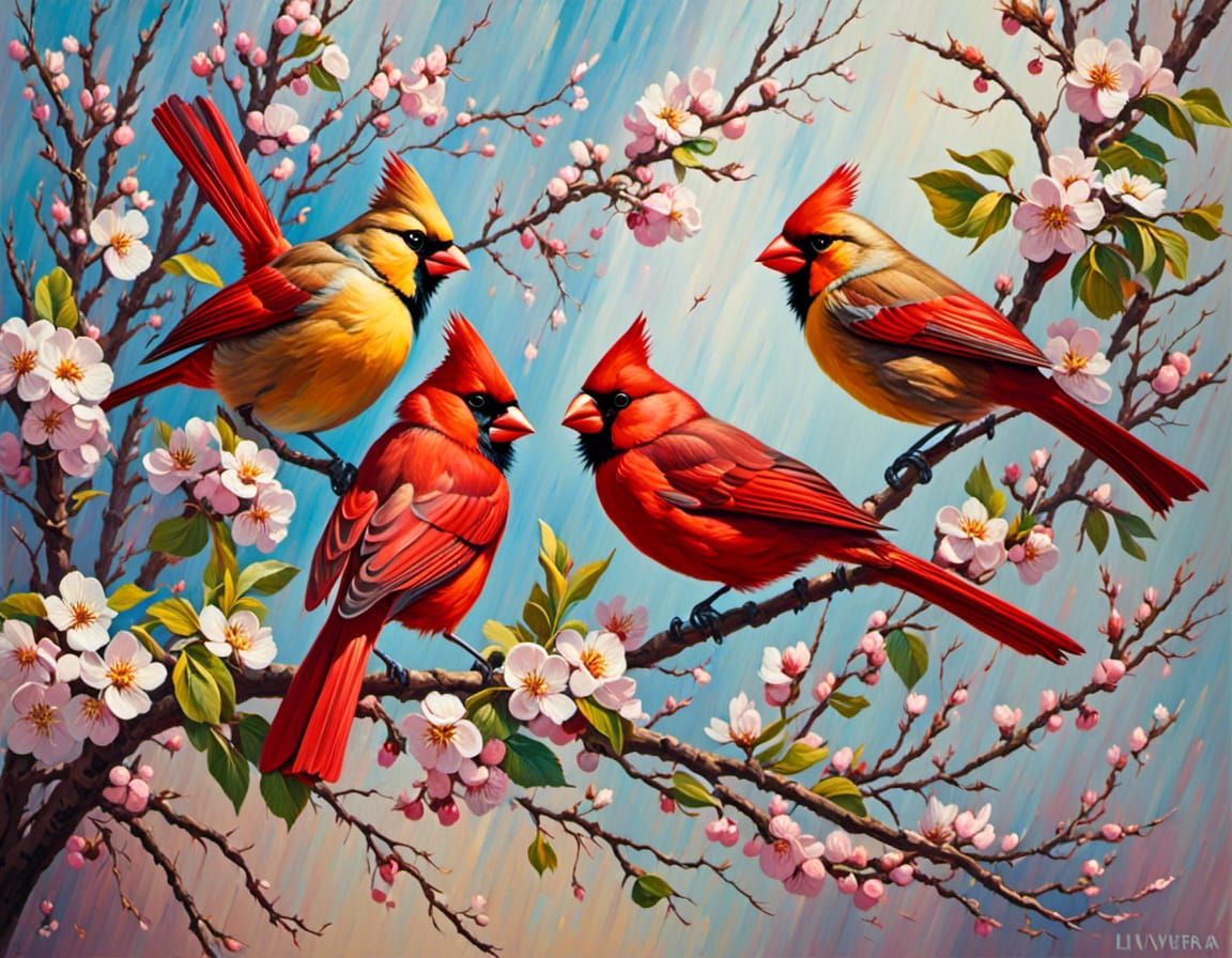 Cardinals in Spring: An Oil Painting