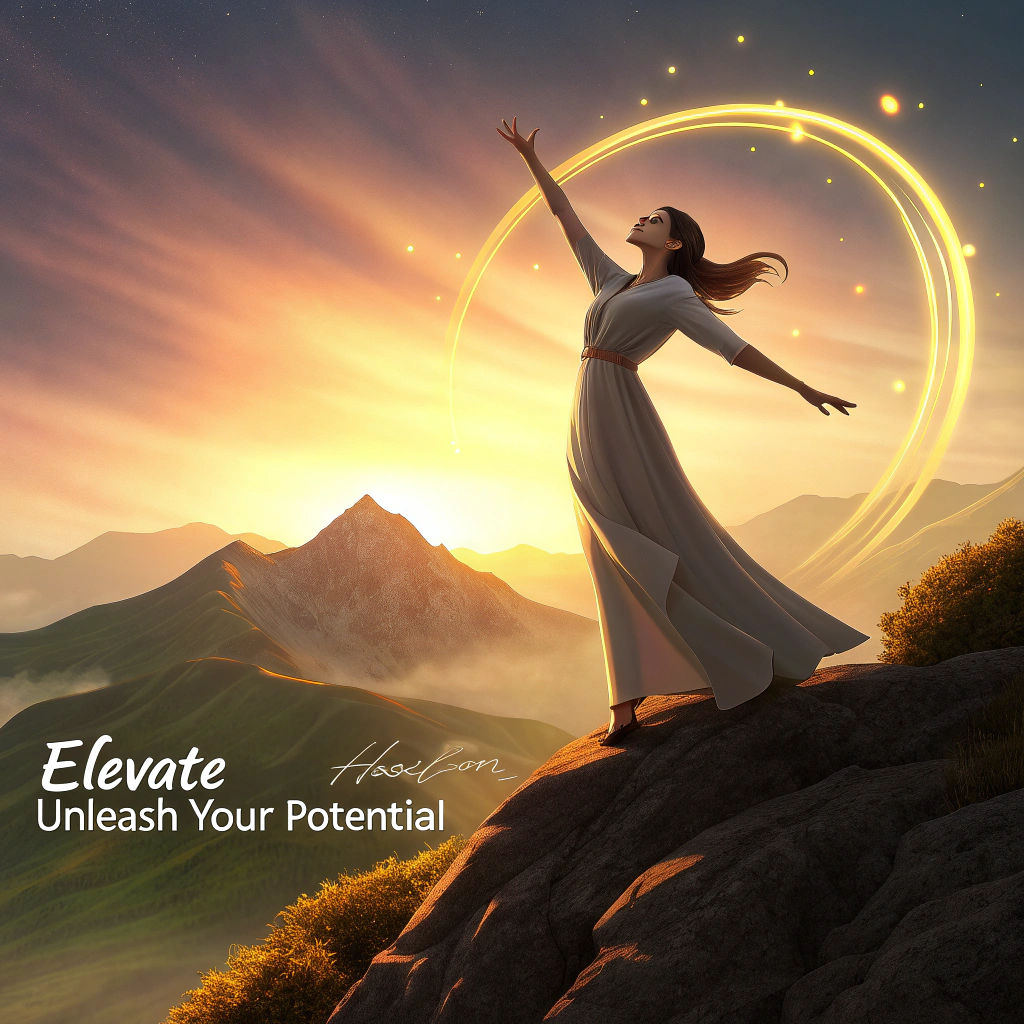 Woman on Mountain Peak at Sunrise, Fantasy Art