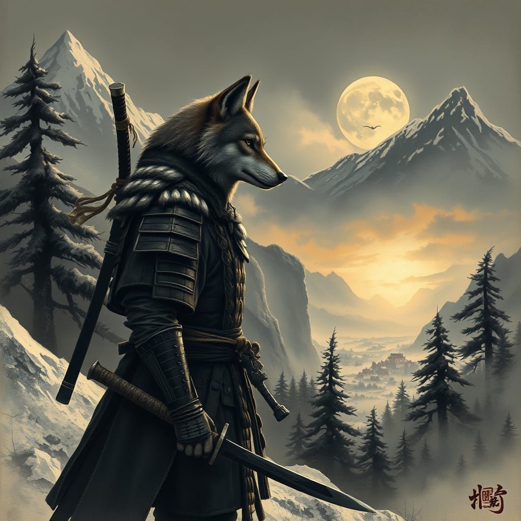 Samurai Wolf Guards Hidden Mountain Pass in Dramatic Winter ...