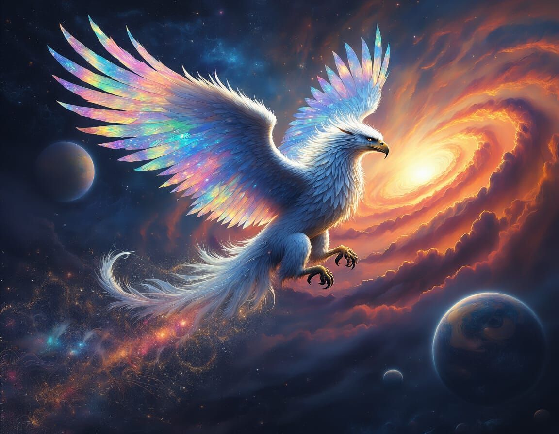 Celestial Griffin Soaring Through Galaxy in Painterly Style
