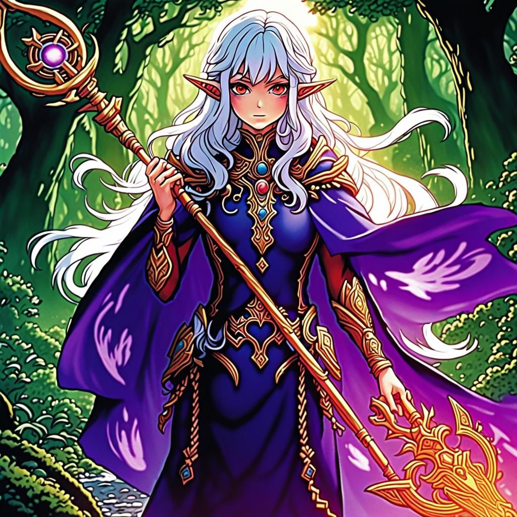 elf, white hair, red eyes, purple cloak, golden staff
