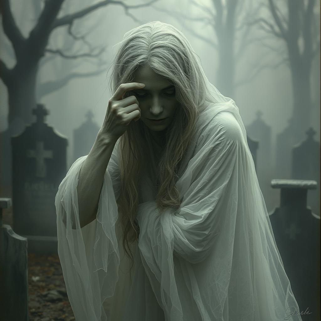 Ethereal Ghost Portrait in Graveyard Mist