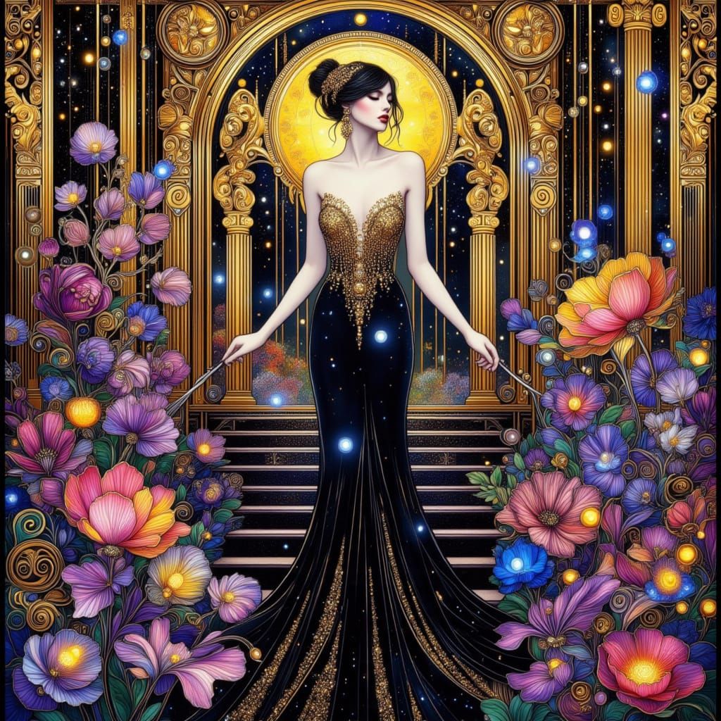 Elegant Woman in Black Amidst Trippy Pandora Fantasy Landsca...