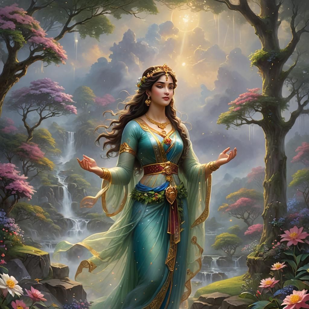 Hyperdetailed Ethereal Goddess in Fantasy Landscape