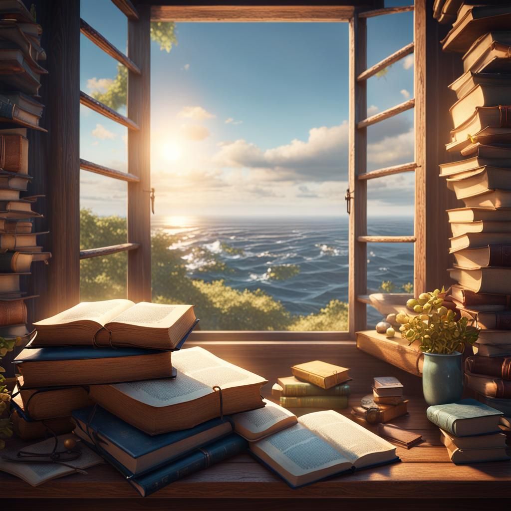Books on a Cottage Windowsill in 3D Game Style