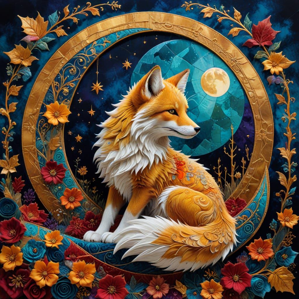 Velvet Snow Fox in Patchwork Art Style