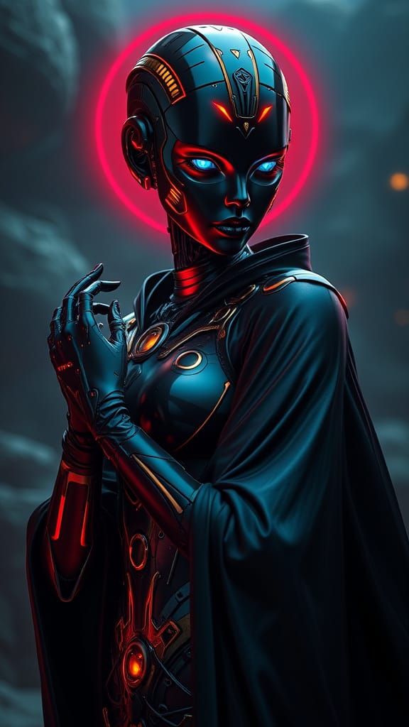 Ethereal Sci-Fi Robot in Crimson Aura