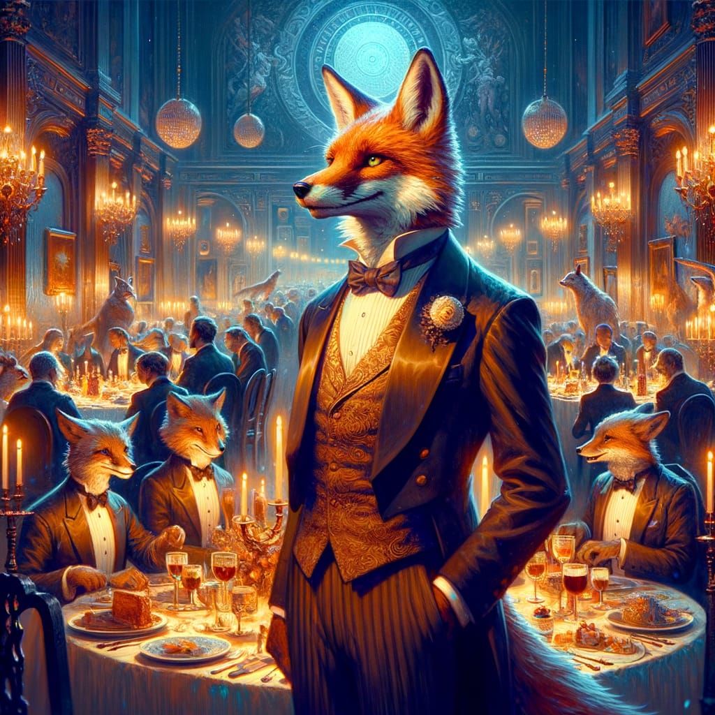 Anthropomorphic Fox in Tuxedo at Elegant Dinner Party