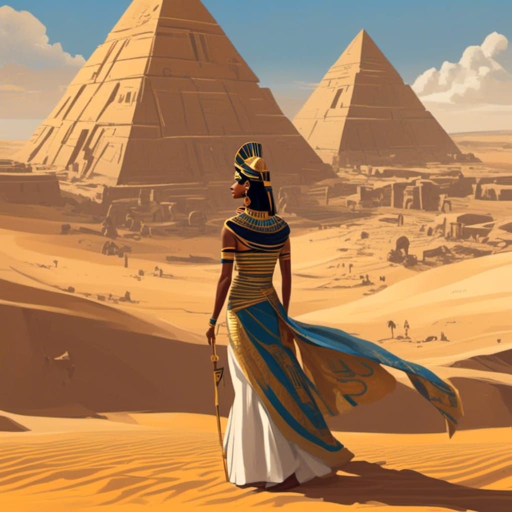 <lora:Cleopatras Gold:1.0> An Egyptian woman at the pyramids