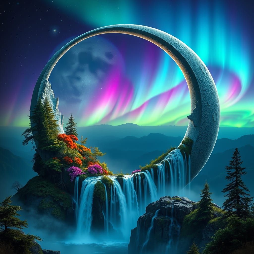 Crescent Moon Waterfalls Under Aurora Borealis