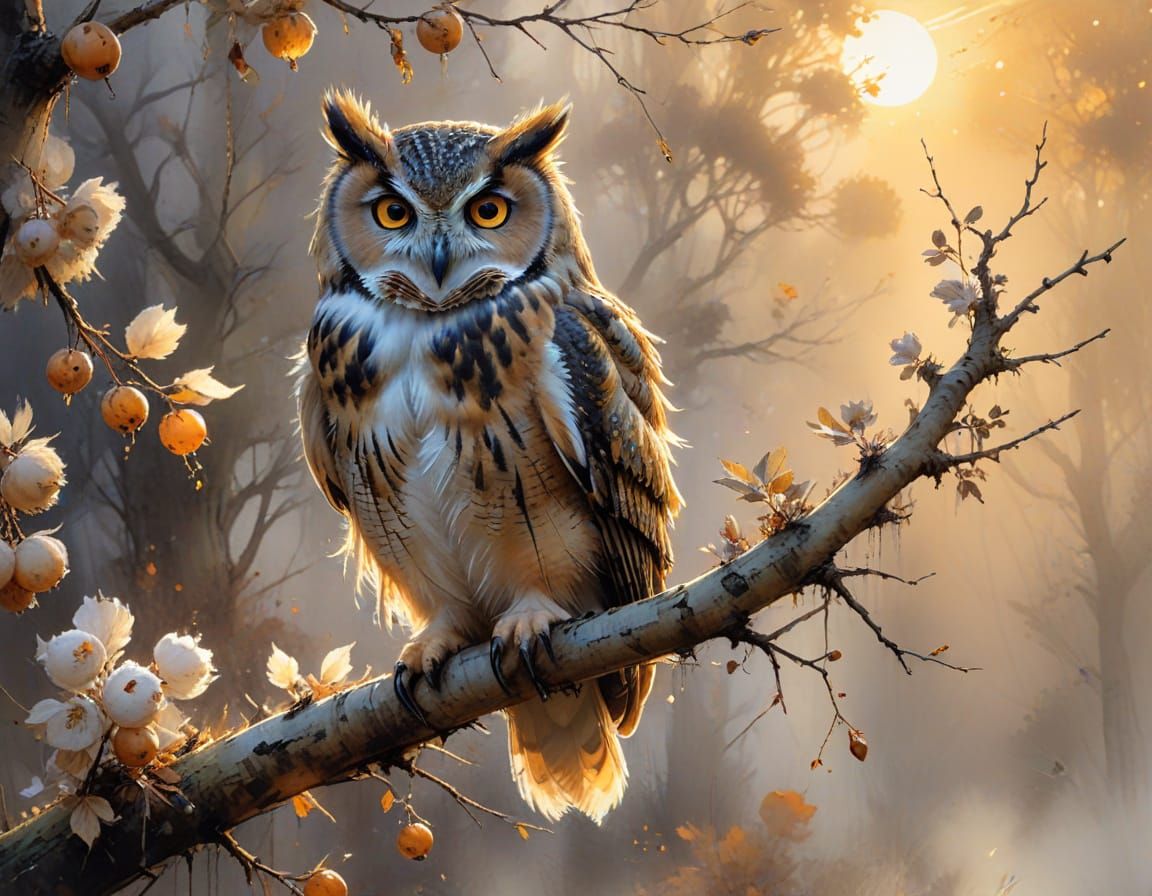Autumn Owl in Orchard: Watercolor-Style Sunset Scene