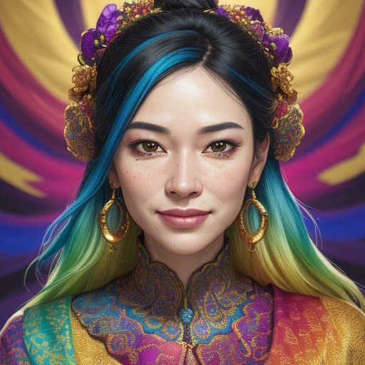 Vibrant Portrait of a Confident Woman in a Swirling Backgrou...