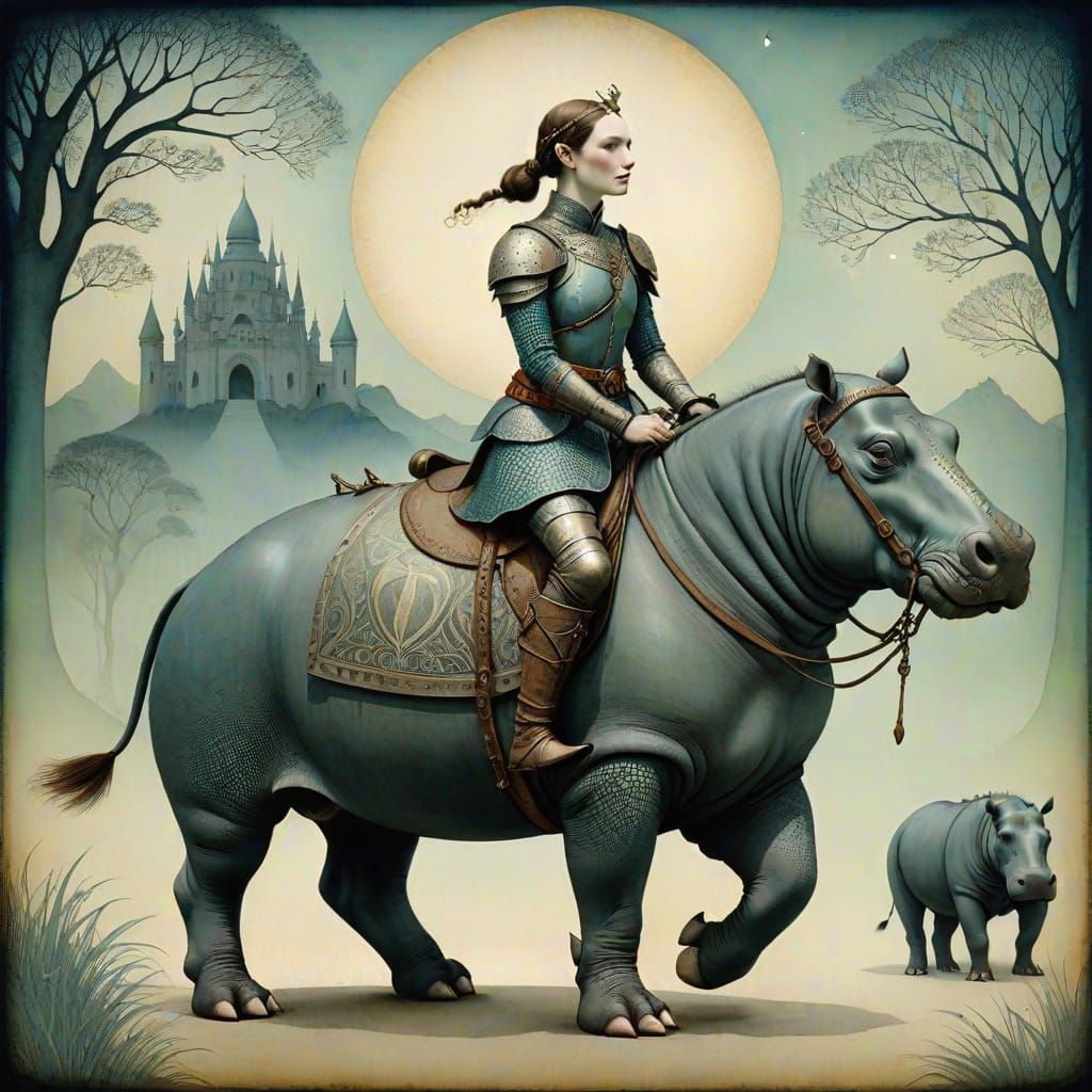 Armored, bare-headed, Catrin Welz-Stein, daring, Elf, fantasy, glowing, (Hippopotamus:2.1), intaglio, jaunty, Knight, li...