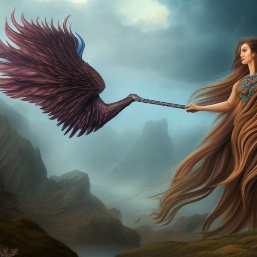 Winged horse, beautiful lady with long brown hair flowing on wind, cyoty by her side.